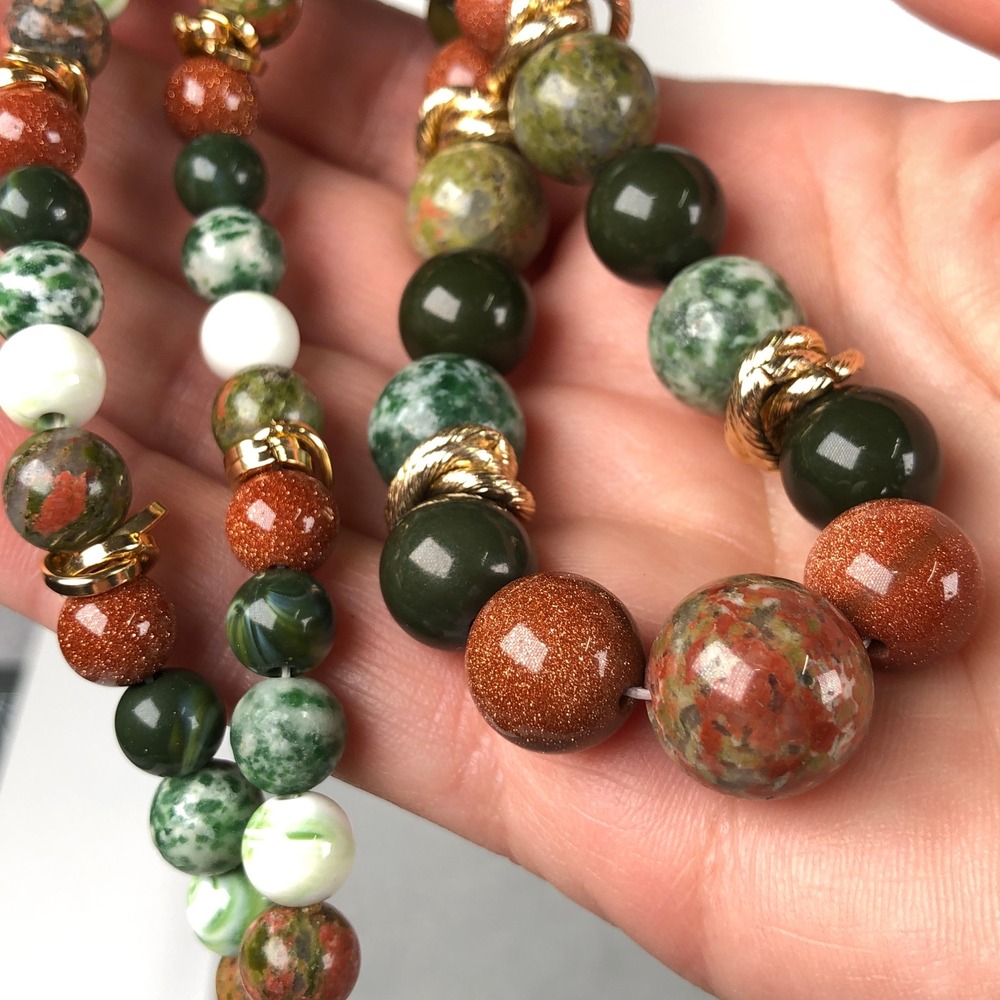 Natural Stone Beads Jewelry Set Unakite Green Jasper Goldstone Gold Tone Spacers - Picture 8 of 11